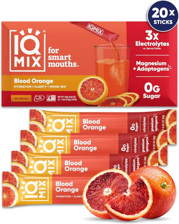 IQMIX Hydration Electrolyte Powder – 4-in-1 Formula for Hydration, Mental Clarity, Mood and Recovery – Sugar-Free Drink Mix, Keto, Magnesium L-Threonate, Lion’s Mane – 20 Count Blood Orange - Image 2