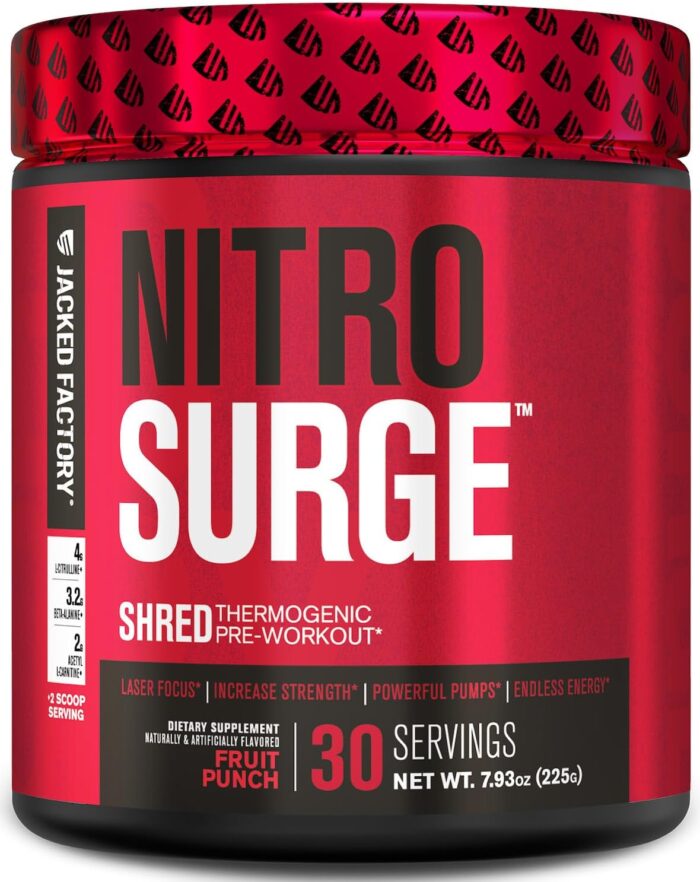 Jacked Factory NITROSURGE Shred Pre Workout Supplement - Energy Booster, Instant Strength Gains, Sharp Focus, Powerful Pumps - Nitric Oxide Booster & PreWorkout Powder - 30Sv, Fruit Punch - Image 2
