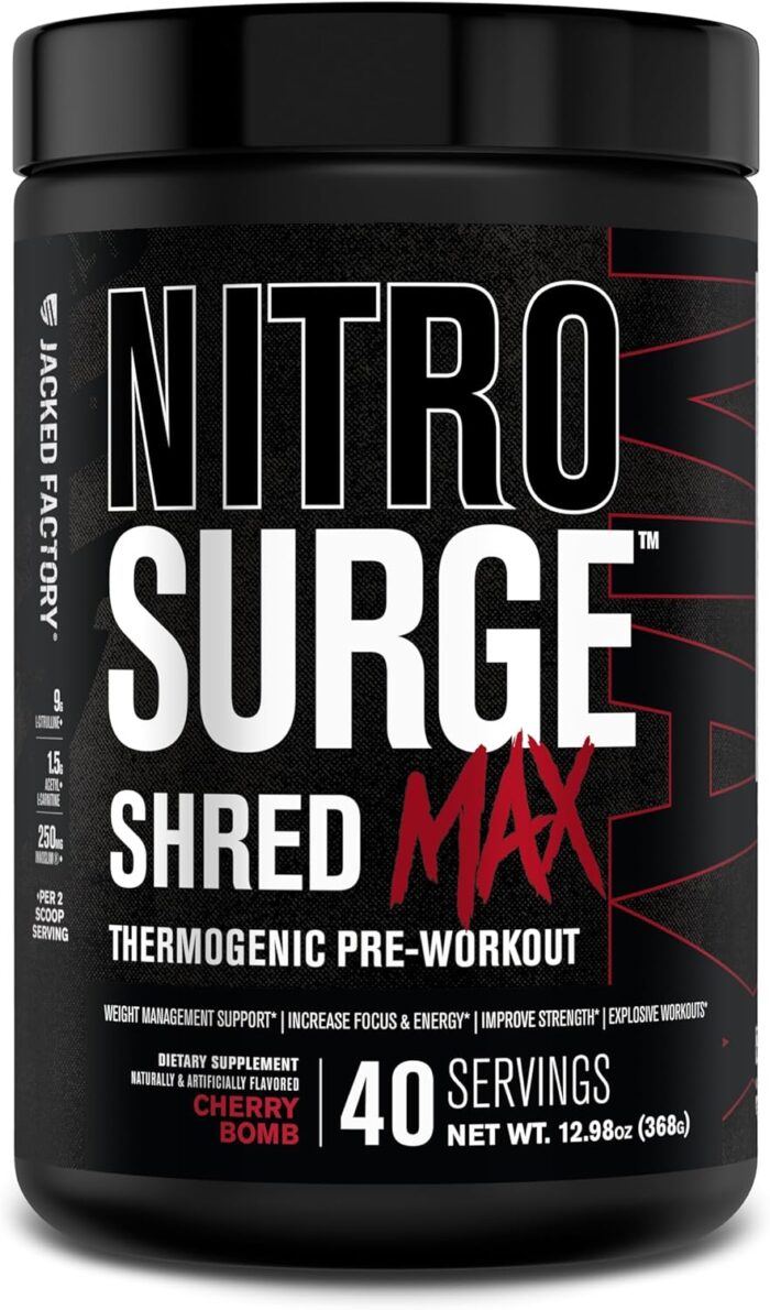 Jacked Factory Nitrosurge Shred Max Preworkout - High-Performance Thermogenic Pre Workout Powder for Men and Women with L Citrulline, Acetyl L Carnitine, Organic Caffeine - 40 Servings, Cherry Bomb - Image 2
