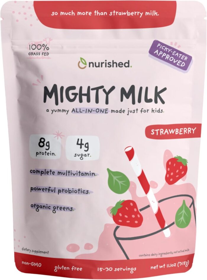 Mighty Strawberry Milk - Kids All-in-One Daily Protein Powder & Multivitamin Boosted with 2 Billion Probiotics & Organic Spinach - Natural Flavors, Colors & Sweeteners - 15-30 Servings - Image 2