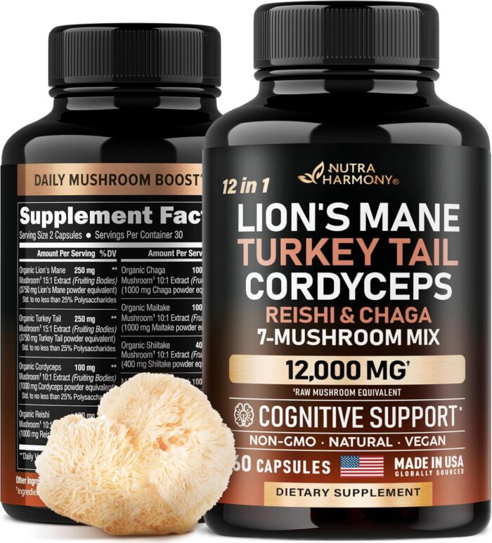 Mushroom Supplement - Organic Lions Mane | Turkey Tail | Chaga | Cordyceps | Reishi | Maitake | Shiitake | Meshima | Tremella | Oyster | Agaricus - Made in USA - Non GMO, Gluten Free - 60 Capsules - Image 2