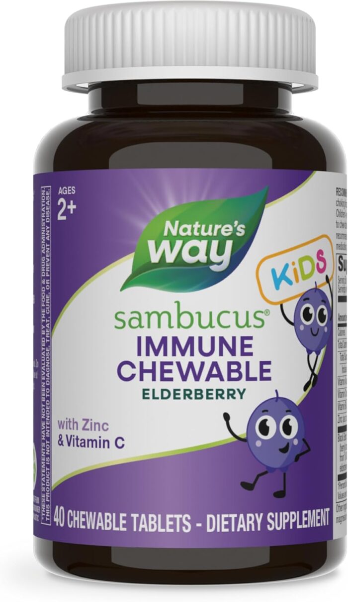 Nature's Way Sambucus Immune Chewable for Kids, Elderberry, Ages 2+, Immune Support*, Vitamins C & A, Zinc, Gluten Free, 40 Chewable Tablets (Packaging May Vary) - Image 2