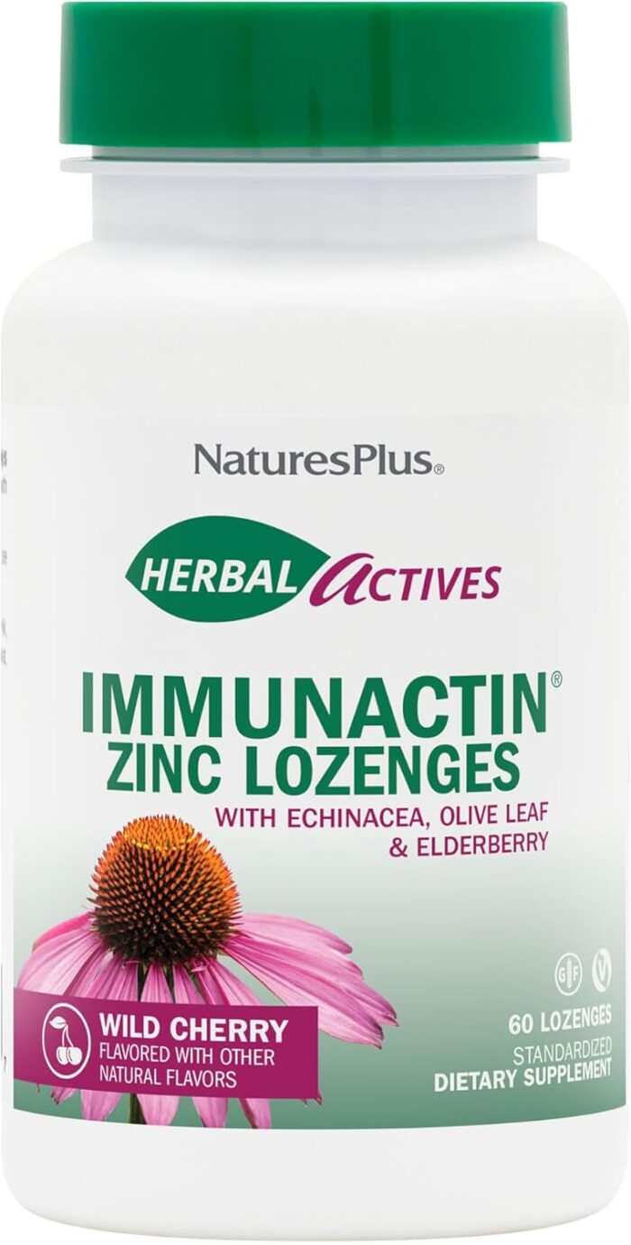 NaturesPlus Herbal Actives ImmunActin Zinc Lozenges - 10 mg Zinc, 60 Vegan Lozenges - Wild Cherry Flavor - Immune Booster with Echinacea & Elderberry - Vegetarian, Gluten-Free - 60 Servings - Image 2