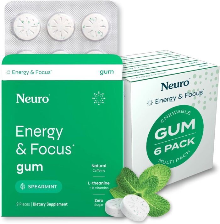 Neuro Energy Caffeine Gum (54 Pieces) - Sugar Free with L-theanine + Natural Caffeine + Vitamin B12 & B6 - Nootropic Energy & Focus Supplement for Women & Men - Keto & Vegan, Spearmint Flavor - Image 2