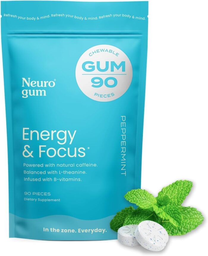 NeuroGum Energy Caffeine Gum (90 Pieces) - Sugar Free with L-theanine + Natural Caffeine + Vitamin B12 & B6 - Nootropic Energy & Focus Supplement for Women & Men - Keto & Vegan, Peppermint Flavor - Image 2