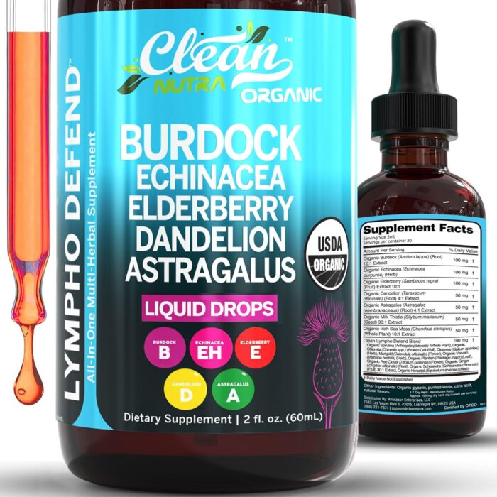 Organic Lymphatic Drainage Supplement | Lymphatic Support Drops | Burdock Root Echinacea Elderberry Dandelion Astragalus Milk Thistle Sea Moss Red Clover Cleanse Marigold Drop by Clean Nutra - Image 2