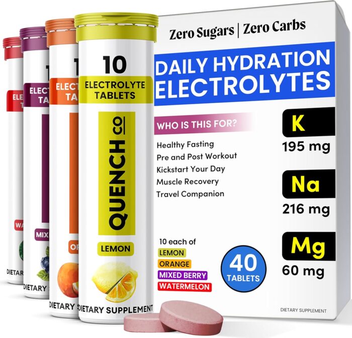 Quench Electrolyte Tablets 40 Count Instant Hydration, Electrolytes, Fasting Electrolytes No Sugar for Optimal Hydration Support Not Powder - Watermelon, Orange, Mixed Berry, Lemon Flavors - Image 2