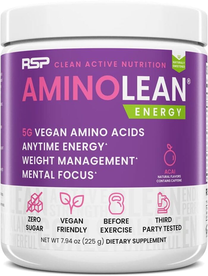 RSP NUTRITION AminoLean Natural Pre Workout Powder, Sucralose Free Amino Energy with No Artificial Dyes, Vegan BCAAs and Weight Management, Acai, 25 Serv - Image 2