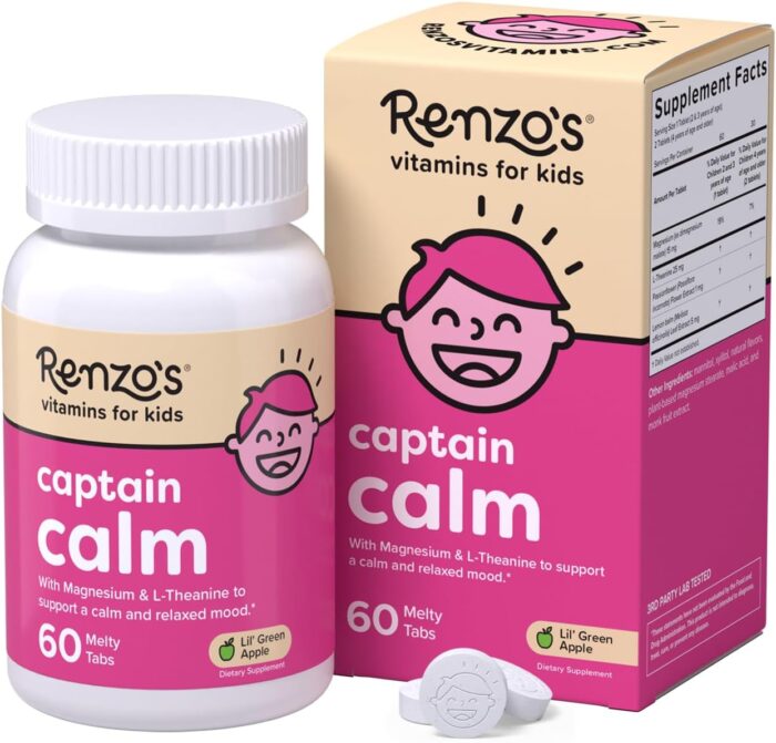Renzo's Captain Calm, Kids Magnesium Supplement with L-theanine, Dissolvable Kids Vitamins for Relaxation and Mood Support, Sugar-Free Calming Supplement, 60 Green Apple Flavored Melty Tabs - Image 2