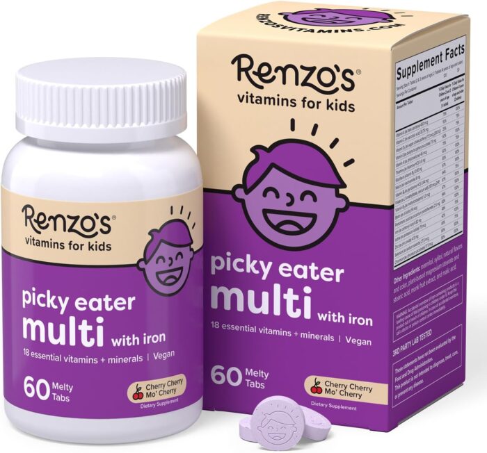 Renzo's Picky Eater Kids Multivitamin with Iron, Dissolving Kids Vitamins with Vitamin D3 & K2 and More, 60 Sugar-Free Melty Tabs, Cherry Mo’ Cherry Flavored - Image 2