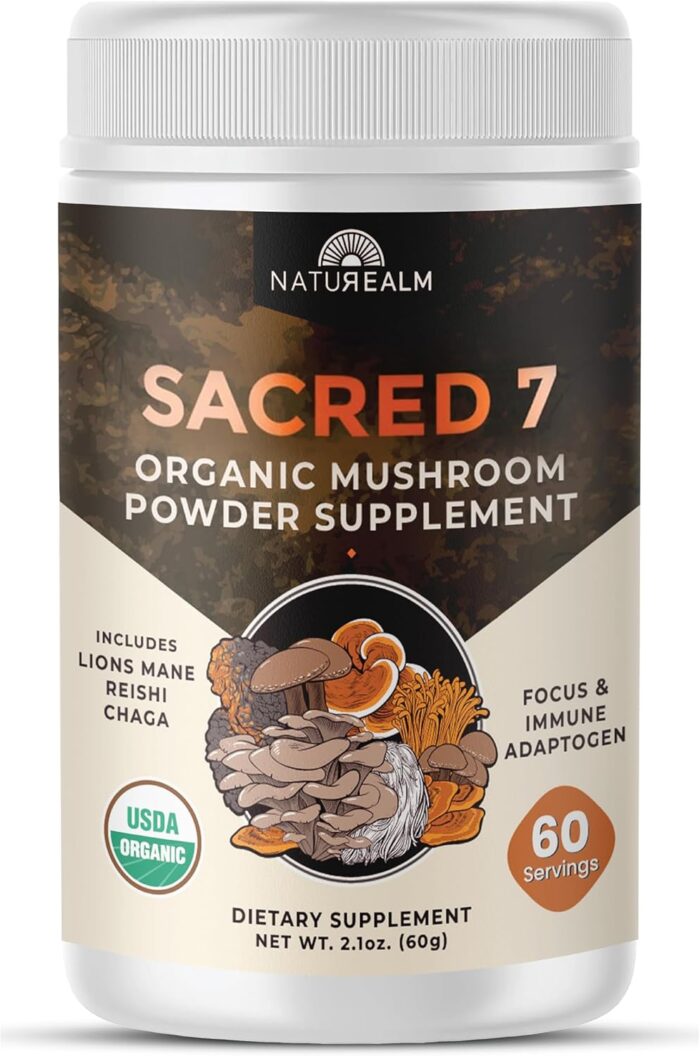 Sacred 7 Mushroom Coffee Booster | Organic Mushroom Supplement Powder – Lions Mane, Reishi, Chaga & More | Adaptogen + Nootropic | 100% Fruiting Bodies | Mix with Coffee,Tea, Smoothies - 60 Servings - Image 2