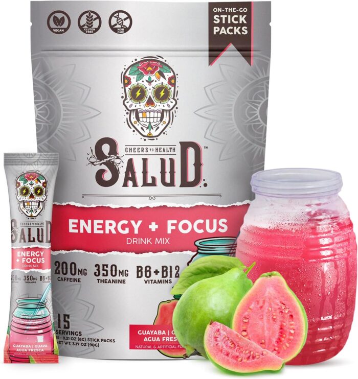 Salud 2-in-1 Energy Drink Powder + Focus, Guava, Organic Caffeine, B6 + B12, Theanine, Clean Energy Drink Packets, Guayaba Agua Fresca Mix, Non-GMO, Gluten Free, Vegan, 1g of Sugar, (15 Servings) - Image 2