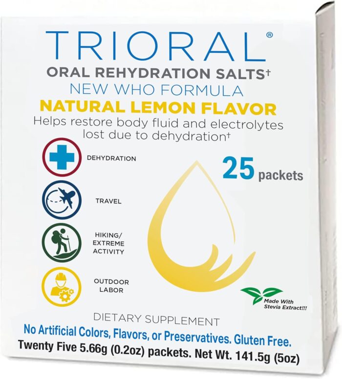 TRIORAL Natural Lemon w/Stevia Oral Rehydration Salts - WHO Hydration Supplement Salts Formula - Combat Dehydration from Workouts, Fluid Loss and Much More (25 Packets/Box) - Image 2