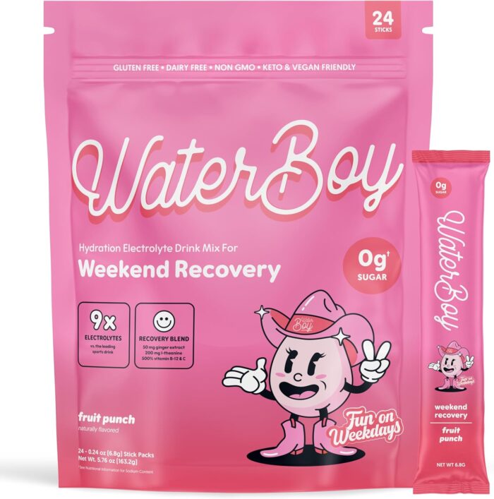Waterboy Weekend Recovery x FOW | 3,200mg Electrolyte Powder Packets | Ginger + L-Theanine + Vitamins | No Sugar, All Natural, Gluten Free | 24 Drink Stick Mixes (Fruit Punch) - Image 2
