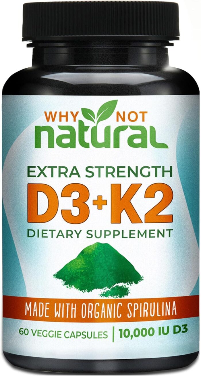 Why Not Natural Vitamin D3 K2 (MK-7) with Organic Spirulina, 10000 IU Extra Strength Supplement in Veggie Capsules, Supports Bone Health, Immune System and Mood - Image 2