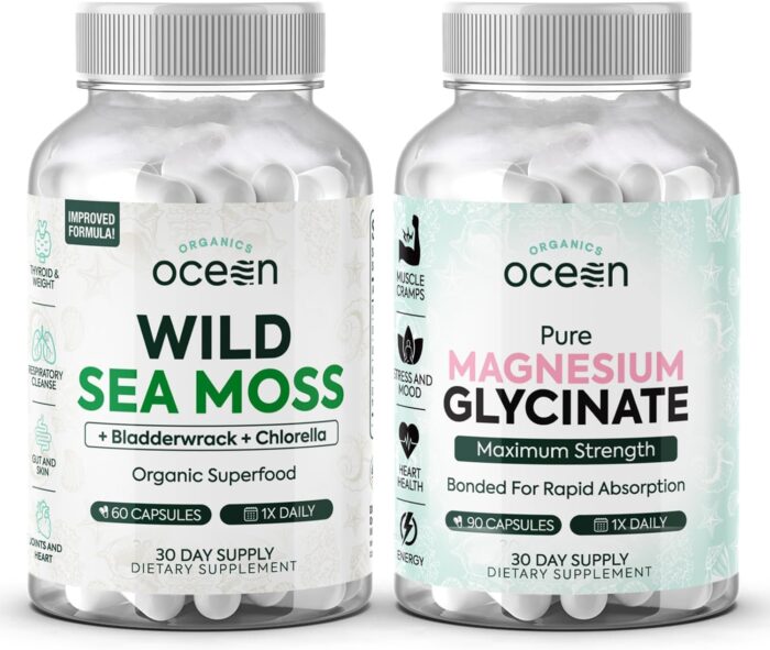 Wild Sea Moss Capsules and Pure Magnesium Glycinate with Zinc - 100% Irish Sea Moss and Chelated Magnesium Supplement for Women and Men - Thyroid, Muscle Cramps and Sleep Support - Image 2