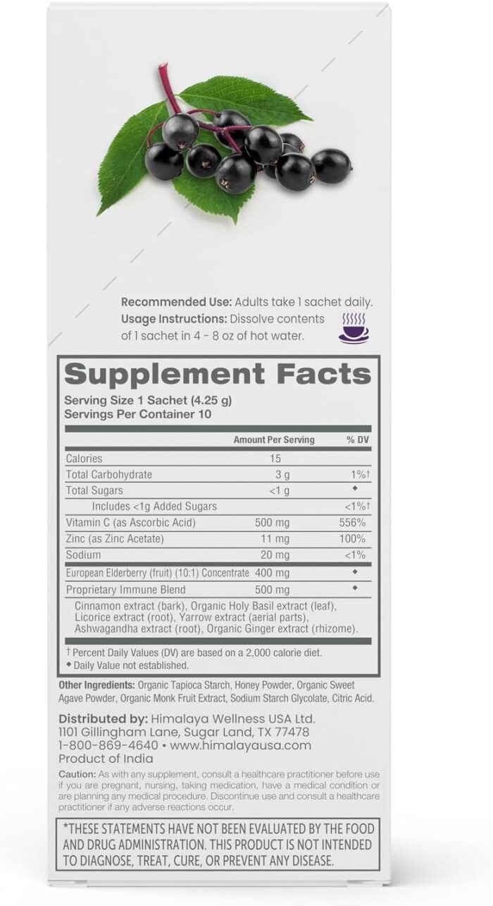 Himalaya Elderberry Mix, Drink Mix Supplement, Immune Support with Elderberry, Zinc, Vitamin C and Holy Basil, Caffeine Free, 10-0.15 oz (4.3 g) Packets, Easy to Mix, Gluten Free - Image 3