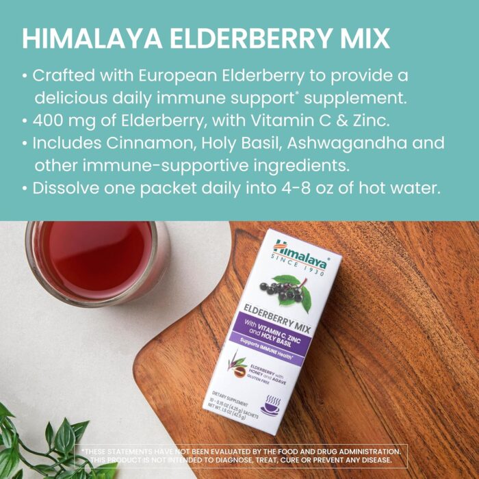 Himalaya Elderberry Mix, Drink Mix Supplement, Immune Support with Elderberry, Zinc, Vitamin C and Holy Basil, Caffeine Free, 10-0.15 oz (4.3 g) Packets, Easy to Mix, Gluten Free - Image 4