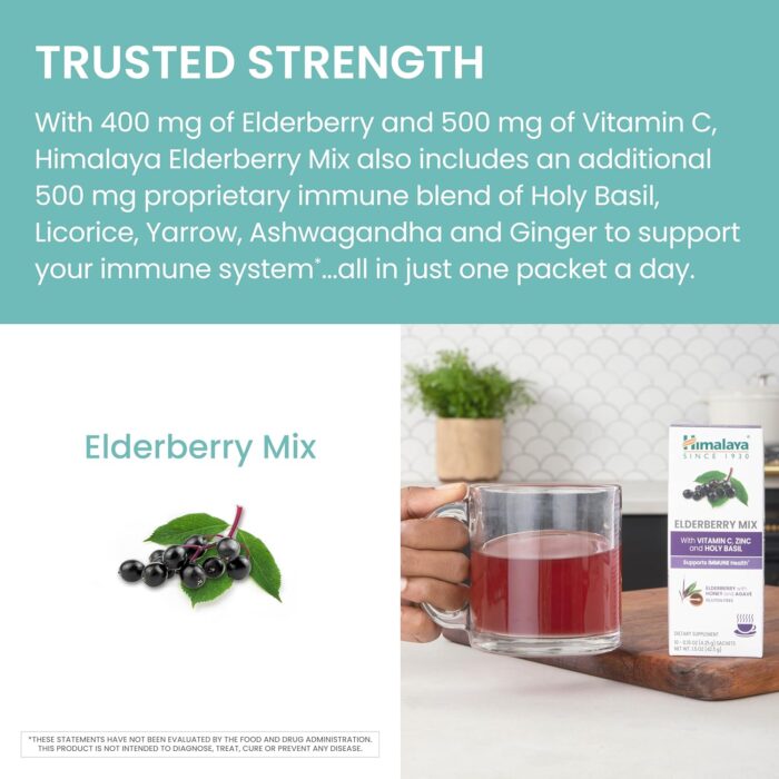 Himalaya Elderberry Mix, Drink Mix Supplement, Immune Support with Elderberry, Zinc, Vitamin C and Holy Basil, Caffeine Free, 10-0.15 oz (4.3 g) Packets, Easy to Mix, Gluten Free - Image 7