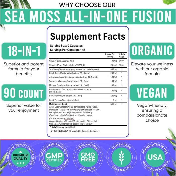 Sea Moss Black Seed Oil Ashwagandha Ginger Capsules. Sea Moss Capsules with Black Seed Oil, Ashwagandha, Turmeric, Moringa, Bladderwrack, Burdock Root, Manuka Honey, Cinnamon. - Image 3