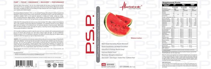 Metabolic Nutrition P.S.P. Physique Stimulating PreWorkout 672g Zero Sugar Caffeine Free (Watermelon) - Image 3