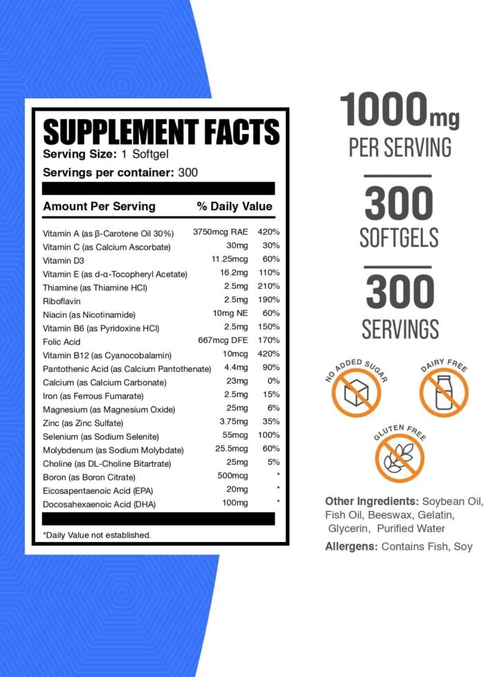 BulkSupplements.com Multivitamin for Men 50 Plus Softgels - Men's Daily Vitamins, Multimineral Supplement - Complete Multivitamin with Fish Oil - 1 Softgel per Serving, 300 Count (Pack of 1) - Image 3