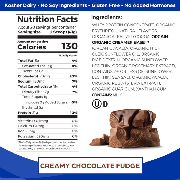 Orgain Whey Protein Powder, Creamy Chocolate Fudge - 21g Grass Fed Dairy Protein, 5g BCAAs, 4g Prebiotic Fiber, No Sugar Added, No Added Hormones, Gluten Free, Kosher, For Shakes & Smoothies - 1.82lb - Image 3