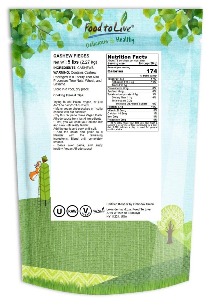 Food to Live Cashew Pieces, 5 Pounds – Kosher, Raw, Vegan, Paleo Friendly, Unsalted, Unroasted, Bulk, Rich in Selenium, Zinc, Magnesium, Proteins, and Antioxidants - Image 3