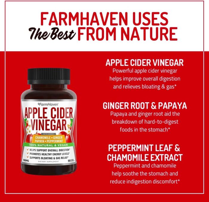 Apple Cider Vinegar Capsules With Ginger, Papaya & Chamomile | 1390mg | Improves Digestion, Energy, Immunity | Soothes Gas & Bloating Issues | Like With Mother | Non-GMO & 100% Natural | 90 Capsules - Image 6