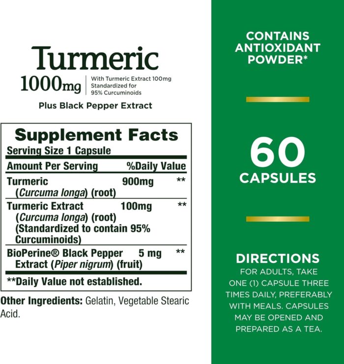 Nature's Bounty Turmeric with Black Pepper Extract, Supports Antioxidant Health, 1000mg, 60 Capsules - Image 3