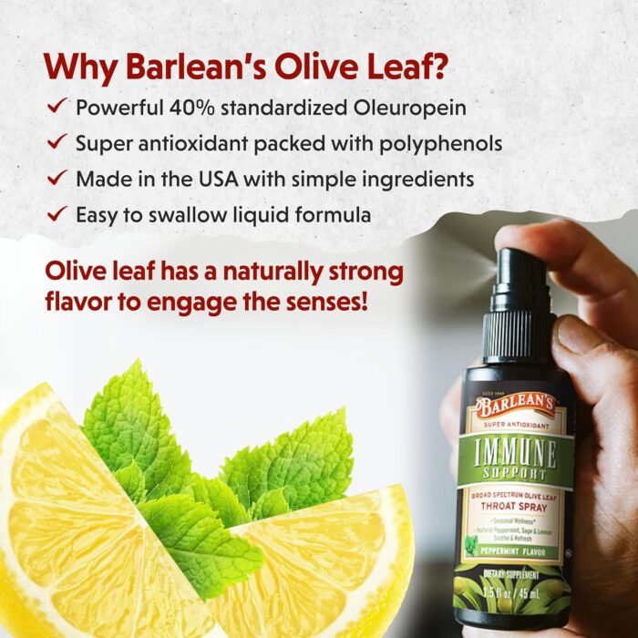 Barlean's 2 Pack Olive Leaf Complex Throat Spray with Peppermint, Lemon, and Sage for Itchy Throat Relief, Immune Support Supplement, Liquid Blended Extract, 1.5 oz - Image 4
