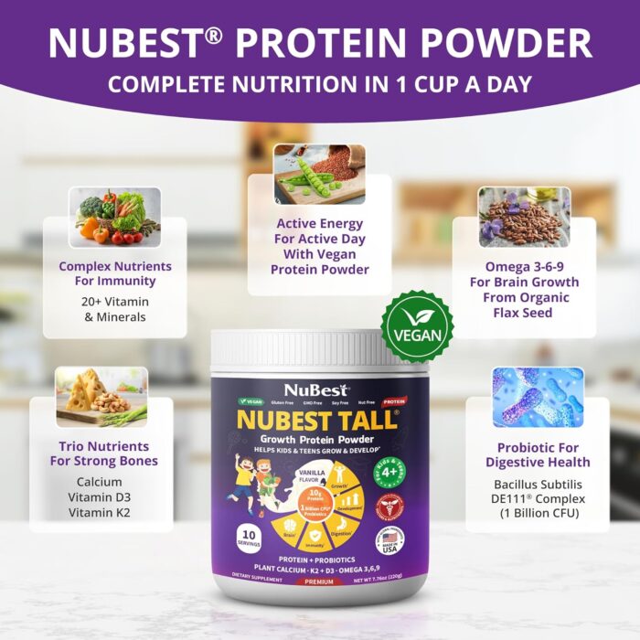 NuBest Protein Powder - Vanilla Plant Based Protein - Vegan Protein Powder for Kids & Teens - Healthy & Immunity with Probiotics, Omega 3-6-9, Vitamin D3 + K2, Calcium & Vitamins - 10 Servings - Image 4