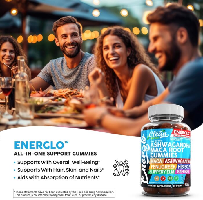 Ashwagandha Maca Root Gummies with Fenugreek Hibiscus Slippery Elm Saffron Extract & Beta Carotene | Peach Flavor Vegan Gummy Vitamins Adaptogen Cortisol Supplement Energlo by Clean Nutra (2) - Image 4