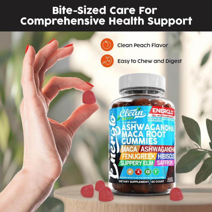 Ashwagandha Maca Root Gummies with Fenugreek Hibiscus Slippery Elm Saffron Extract & Beta Carotene | Peach Flavor Vegan Gummy Vitamins Adaptogen Cortisol Supplement Energlo by Clean Nutra (2) - Image 6