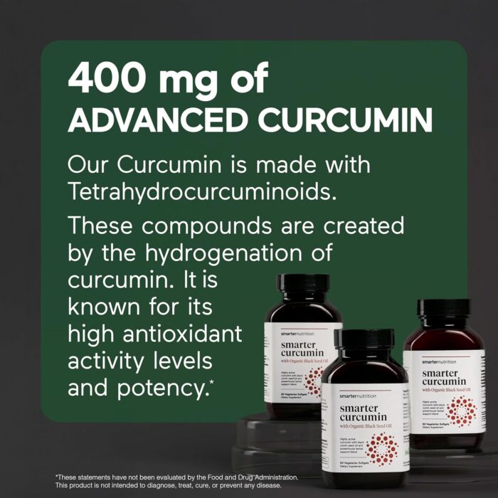 Smarter Nutrition Curcumin Softgels - Vegan High Absorption 400 mg Curcumin Supplement Standardized to 95% Tetrahydrocurcuminoids + Organic Black Seed Oil & Ginger for Joint & Immune Health - 180 Ct - Image 3