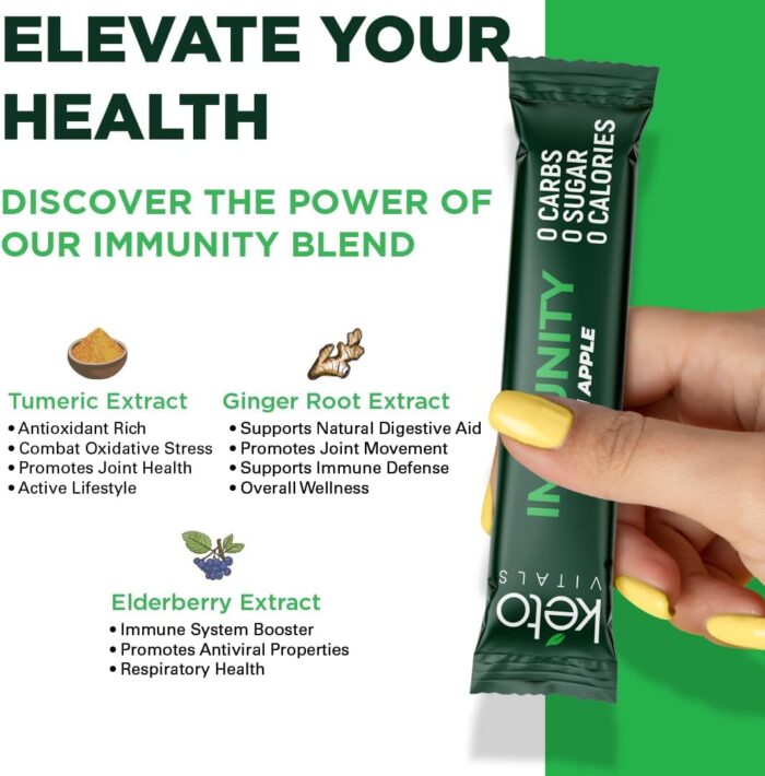 Keto Vitals Immunity Sugar Free Electrolytes Powder with Vitamin C, Ginger, Turmeric, & Elderberry - Boost Your Immune System and Rehydrate Your Body - Green Apple Flavor, 30 Count - Image 10