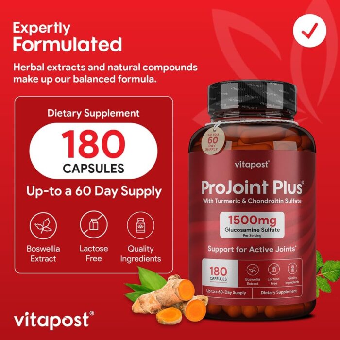ProJoint Plus Joint Support Supplement with Glucosamine Sulfate, Chondroitin, MSM, Turmeric, Boswellia & Bromelain - 180 Capsules Formula for Mobility, Joint and Cartilage Health for Men & Women - Image 8