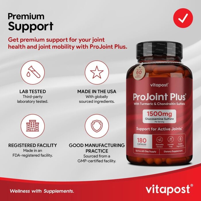 ProJoint Plus Joint Support Supplement with Glucosamine Sulfate, Chondroitin, MSM, Turmeric, Boswellia & Bromelain - 180 Capsules Formula for Mobility, Joint and Cartilage Health for Men & Women - Image 9