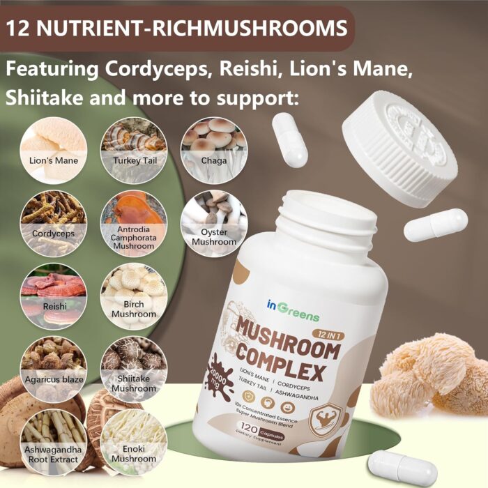 12-in-1 Mushroom Supplement, Complex Lions Mane Supplement Capsules, Turkey Tail, Reishi Mushroom, Cordyceps, Organic Ashwagandha, Mushrooms for Memory and Focus, 120 Capsules - Image 5