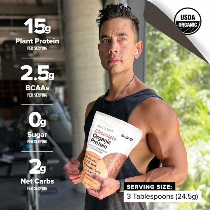 Complement Organic Chocolate Vegan Protein Powder (30 Servings) Low Carb, Low Calorie, Sugar Free, Soy Free, Non-GMO, Non Dairy - Yellow Pea, Pumpkin Seed - 15g Plant Based Protein Powder - Image 3