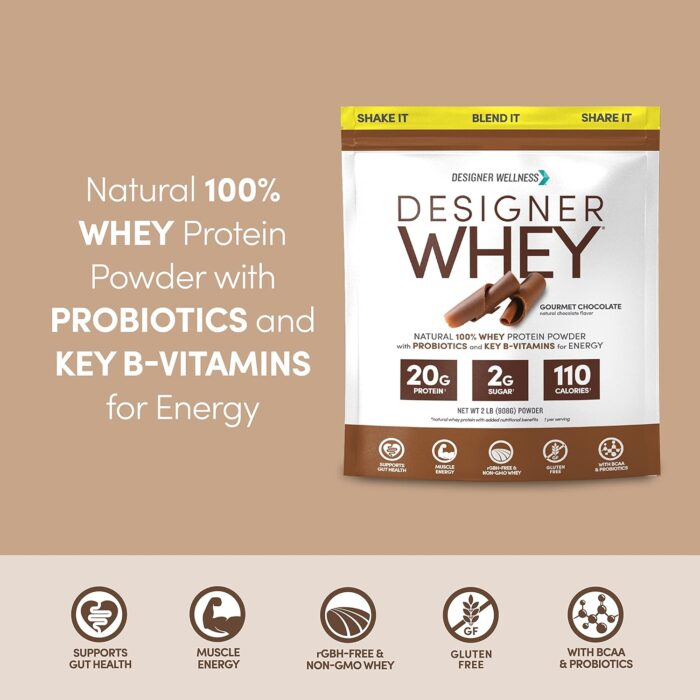 Designer Wellness, Designer Whey, Natural Whey Protein Powder with Probiotics, Fiber, and Key B-Vitamins for Energy, Gluten-Free, Gourmet Chocolate, 2 lb - Image 4