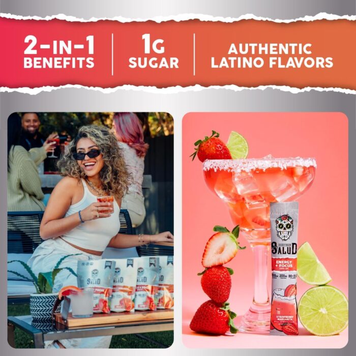 Salud 2-in-1 Energy Drink Powder + Focus, Strawberry Margarita, Organic Caffeine, B6 + B12, Theanine, Clean Energy Drink Packets, Agua Fresca Mix, Non-GMO, Gluten Free, Vegan, 1g of Sugar, (15 Servings) - Image 3