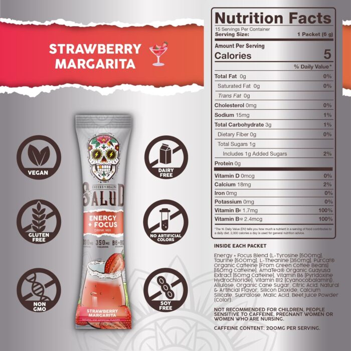 Salud 2-in-1 Energy Drink Powder + Focus, Strawberry Margarita, Organic Caffeine, B6 + B12, Theanine, Clean Energy Drink Packets, Agua Fresca Mix, Non-GMO, Gluten Free, Vegan, 1g of Sugar, (15 Servings) - Image 4