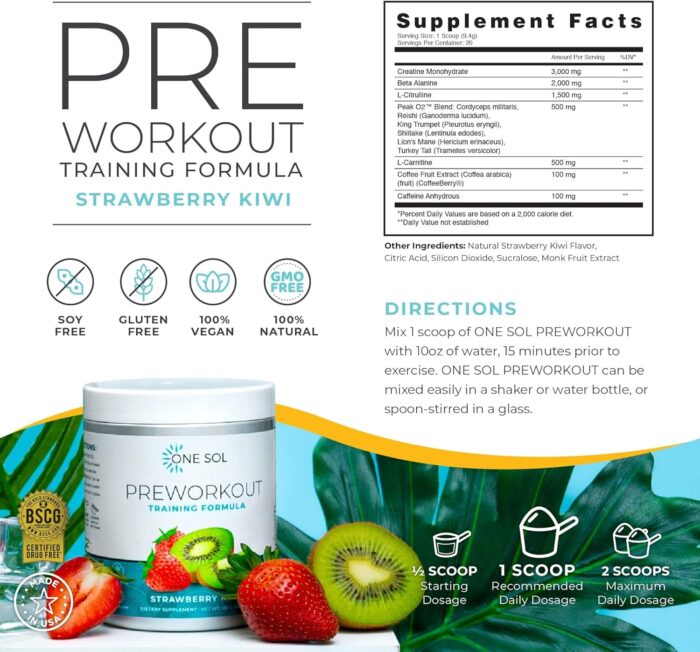 One Sol Pre-Workout for Women, Enhanced Pump & Focus, No Jitters Or Crash, Natural Ingredients, 100% Vegan, Gluten Free & Soy Free, (Strawberry Kiwi) - Image 3