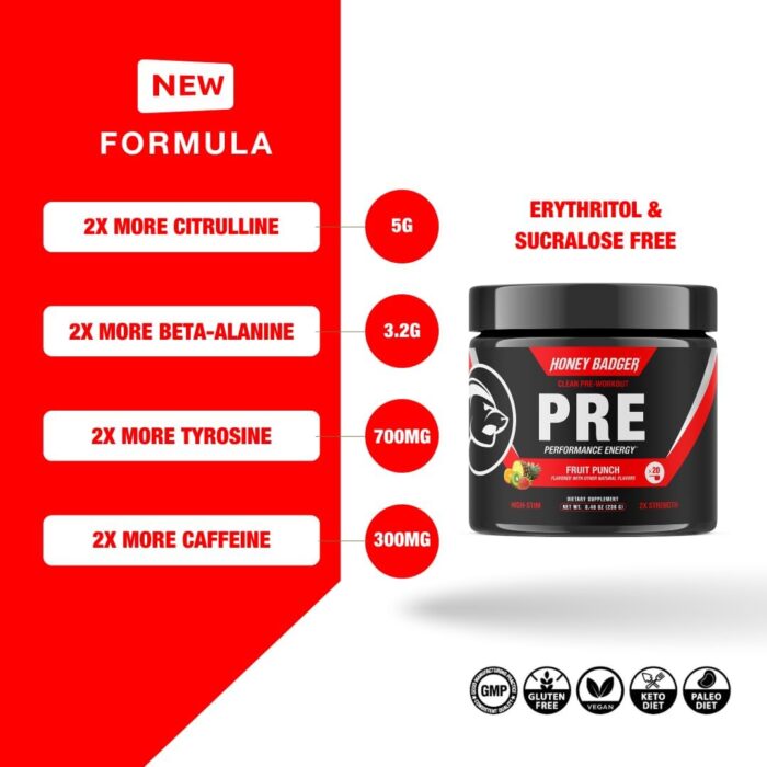 Honey Badger Pre Workout Powder, Keto Vegan Preworkout for Men & Women, Beta Alanine & Caffeine, Sugar Free Natural Energy Supplement, Fruit Punch (High-Stim) - Image 3