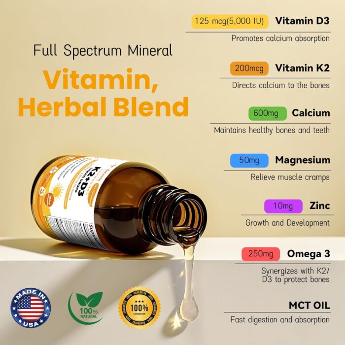 Liposomal Liquid Vitamin D3 K2 Supplement Drops with MCT Oil, Omega 3 - (5000 IU) D3 + (200 MCG) K2 Bone Strength with Calcium Magnesium Zinc Support Teeth, Bones, Vitamin D, Non-GMO Made in USA - Image 3
