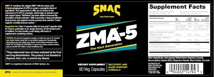 SNAC ZMA-5 Sleep Aid Supplement, Promote Muscle Recovery & Growth, Immune Support, & Restorative Sleep with Zinc, Magnesium & 5-HTP, Post Workout, Before Bed ZMA Supplements 180 Count (2 Pack) - Image 3