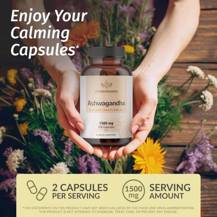 HERBAMAMA Ashwagandha Capsules - 1500mg Pure Ashwagandha Root Focus Supplement - Vegan, Non-GMO Mood & Calm Support Supplement for Adults, 100 Caps - Image 3