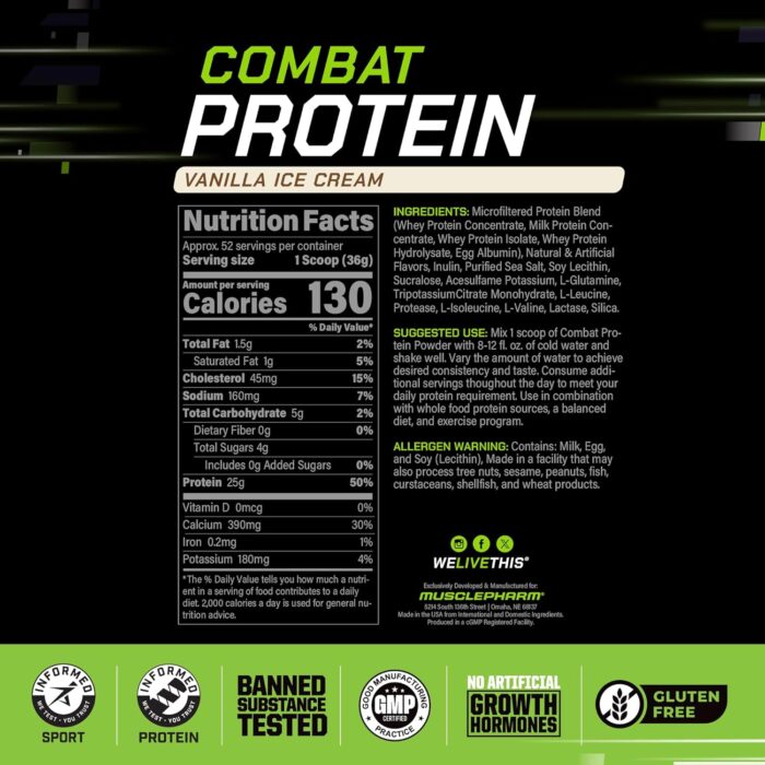 MusclePharm Combat Protein Powder, Vanilla Flavor, Fuels Muscles for Productive Workouts, 5 Protein Sources including Whey Protein Isolate & Egg Albumin, Gluten Free, 4 lb, 52 Servings - Image 4