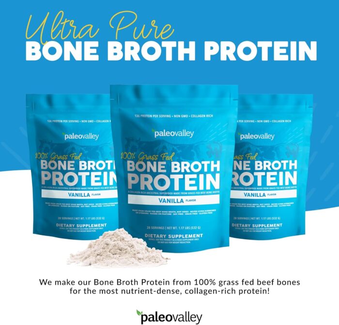 Paleovalley 100% Grass Fed Bone Broth Protein Powder - Vanilla - Rich in Collagen for Hair, Skin, Gut Health, Bone and Joint Support - 28 Servings - Image 3